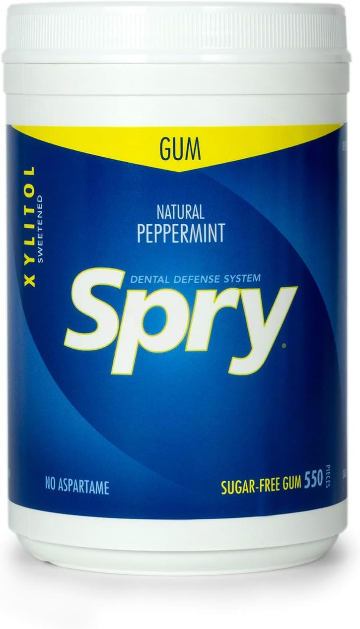 Spry plant derived xylitol gum jar showing nutrition and ingredient facts