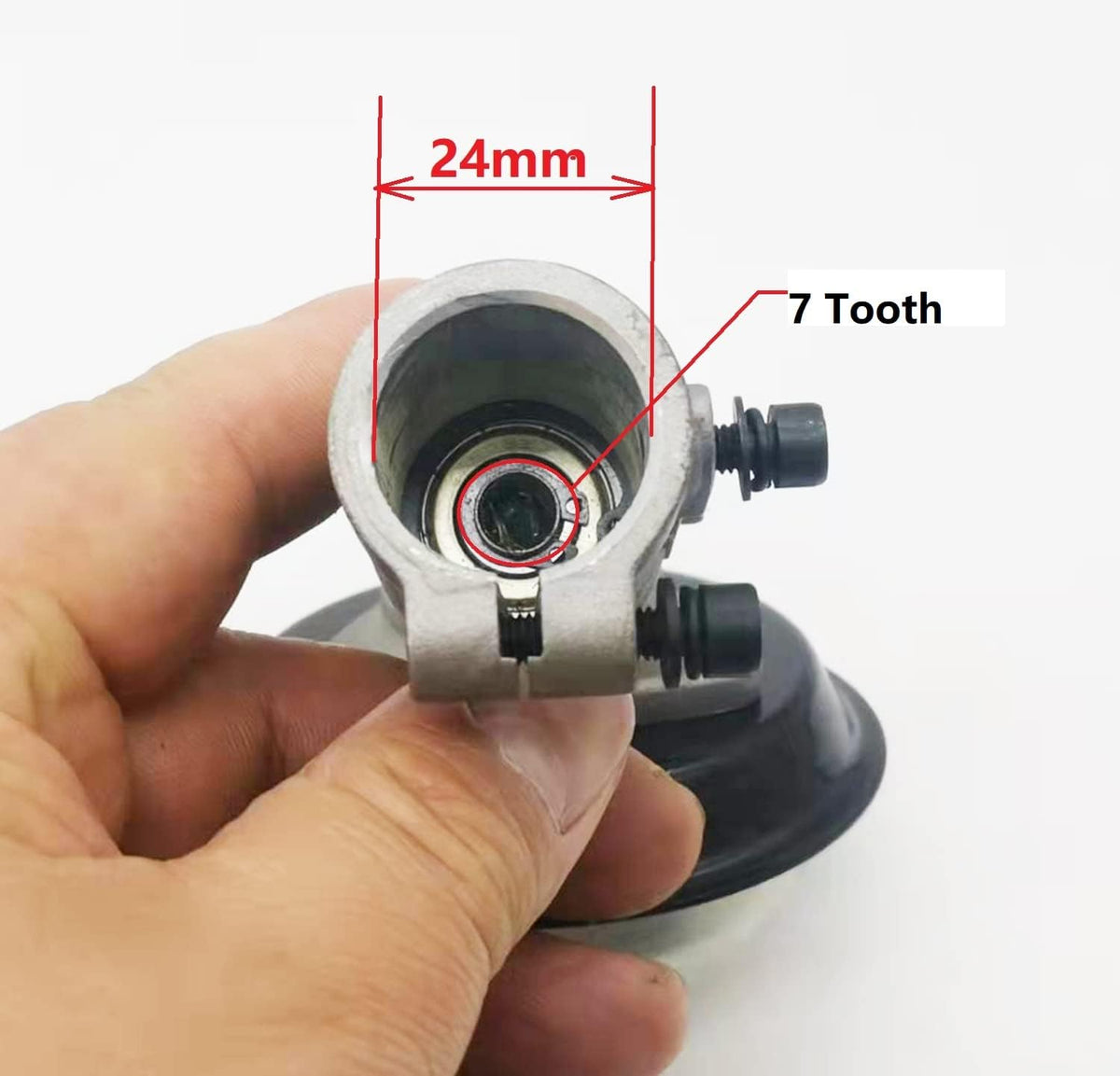 Gabasinover trimmer gear head showing the M10 left-hand threaded bolt