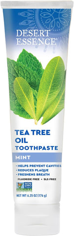 Desert Essence fluoride-free toothpaste tube packaging back view
