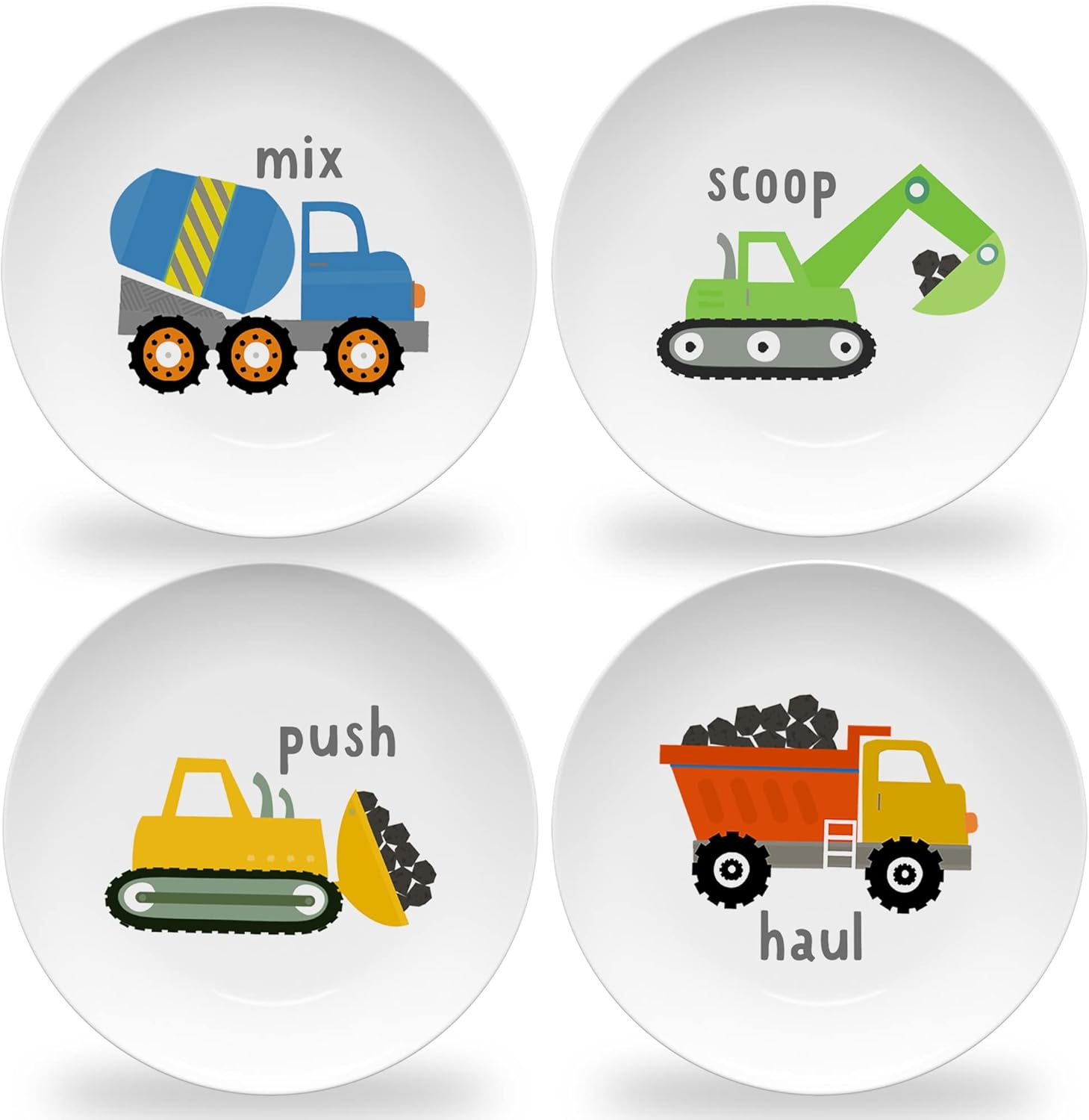 Tiny Expressions construction plates set featuring excavator and bulldozer designs