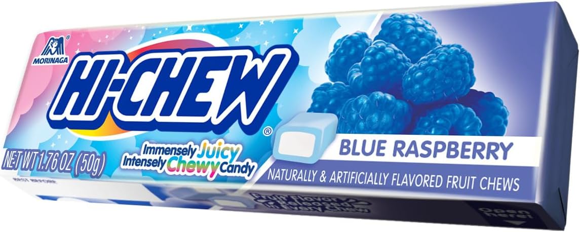 HI-CHEW Blue Raspberry chewy candy stick packaging side view