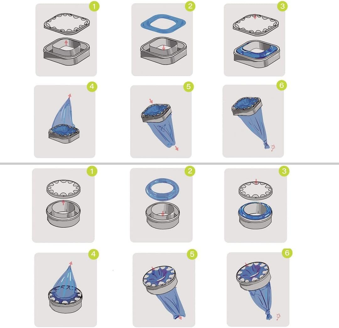 Step by step installation demonstration of putting the universal litter bag refill into an empty cartridge.