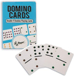 Family playing Mexican train domino game together at a table