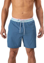 Chubby mens swim trunks front view in dusty blue
