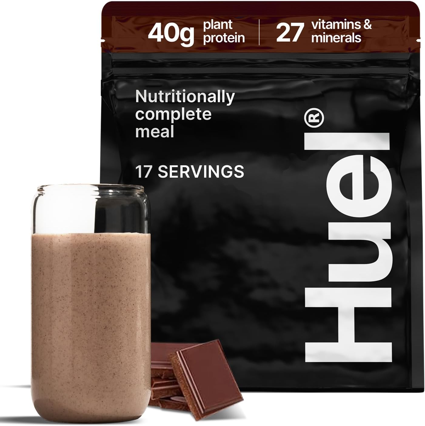 Huel Black Edition Chocolate 40g protein pouch front view for meal replacement.