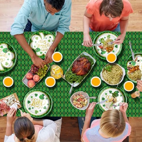 Green buffalo plaid tablecloth and Irish party banner