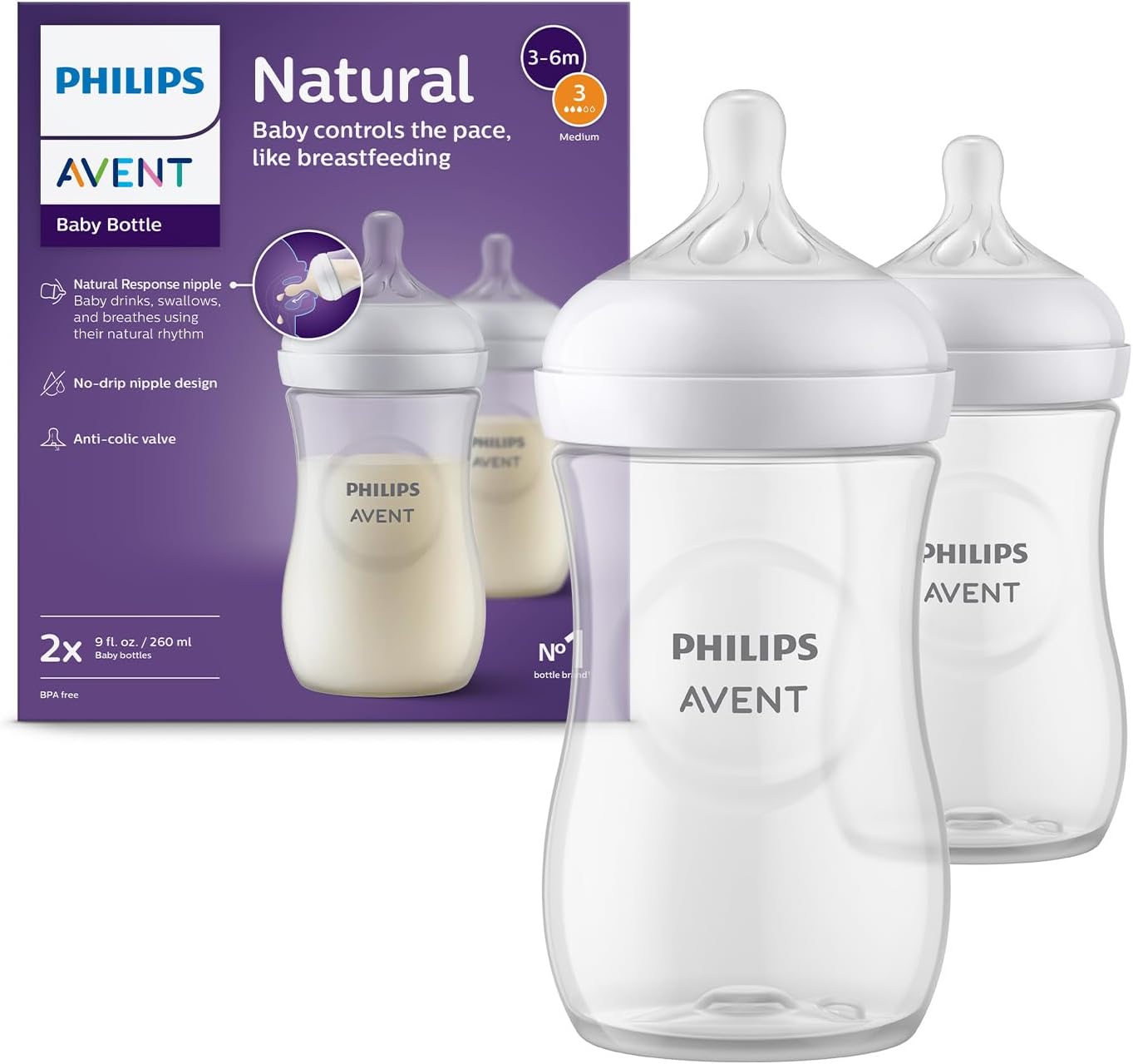 Philips Avent Natural Response Baby Feeding Bottle - 260Ml Baby Milk Bottle Pack of 2, Bpa Free for Babies 1 Month+ Teat, (Model Scy903/02) - Image 1