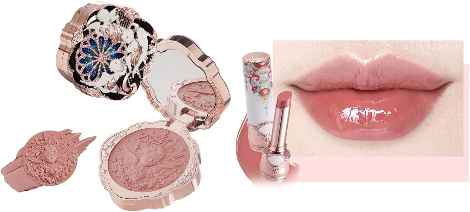 Flower Knows Little Angel Cream Blush and Butterfly Cloud Collar Glossy Lipstick Set,Buildable & Blendable Dewy Makeup,Soft Long-Lasting Cute Make Up(Blush 04 Rose Ashes + Lipstick C07 Red Bean) - Image 1