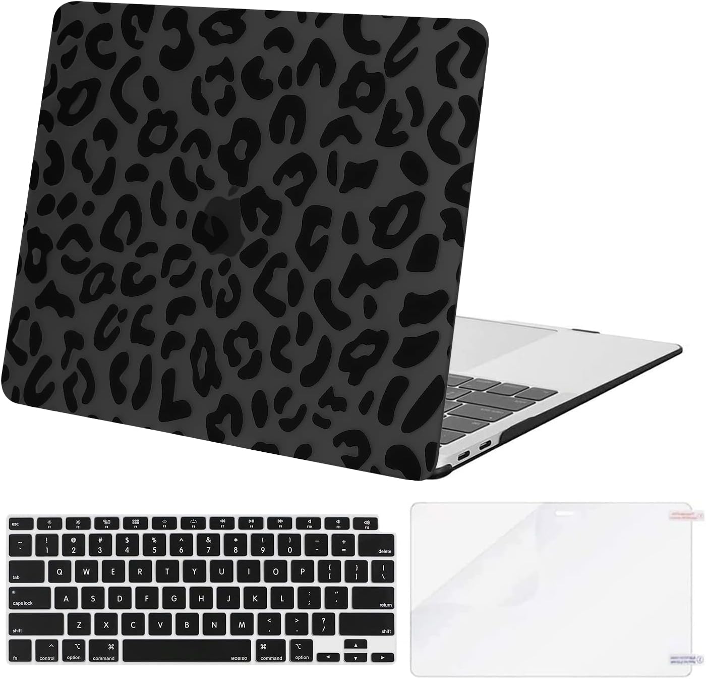 MOSISO MacBook Air 13 inch leopard print case kit front view showing black animal pattern.