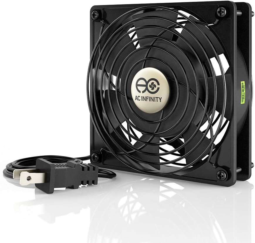 AC Infinity AXIAL 1225 quiet muffin fan front view showcasing heavy duty black aluminum frame