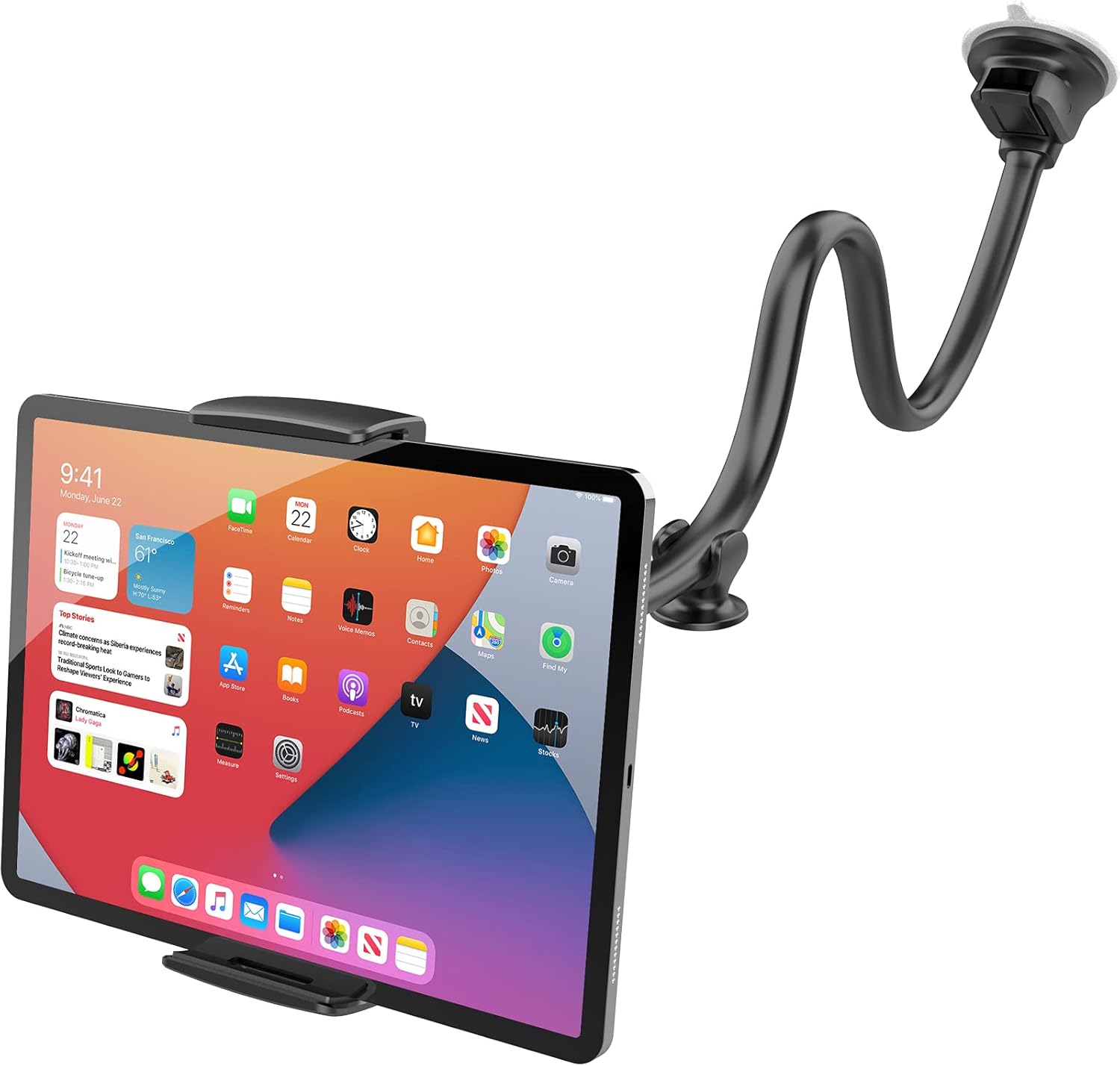 APPS2Car car tablet mount holder front view with thirteen inch gooseneck arm extended