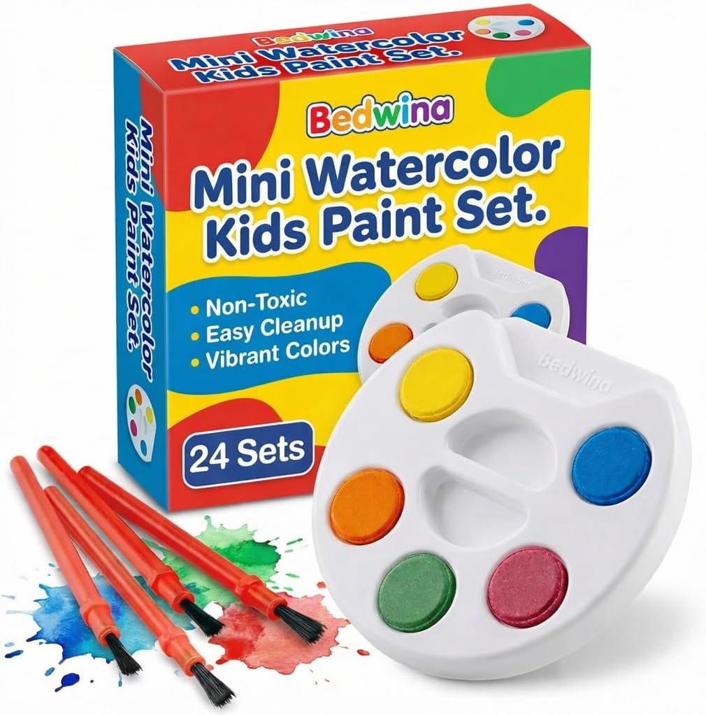 Bedwina Mini Watercolor Kids Paint Set front view of bulk pack packaging
