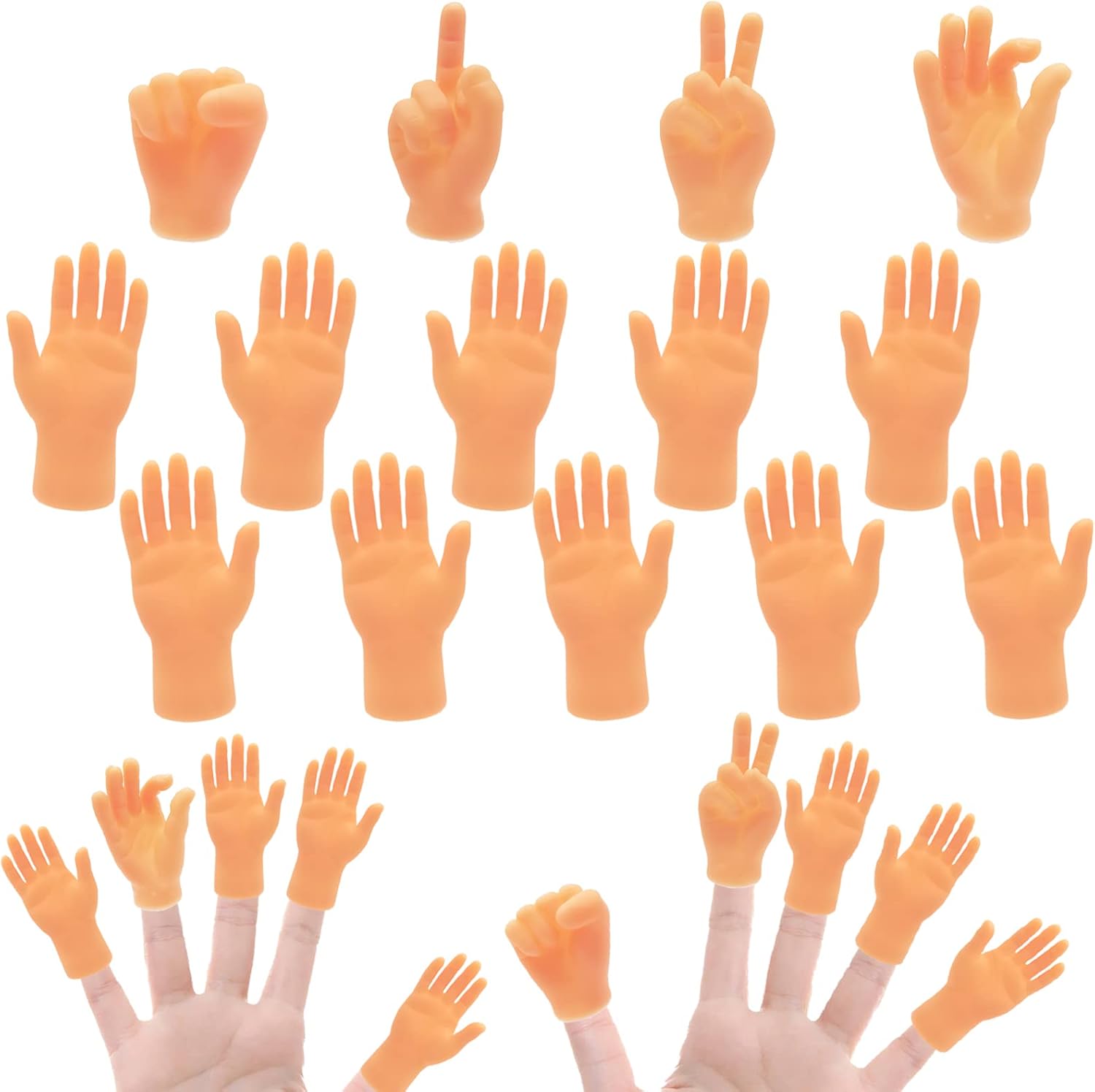Woozettn 14 Piece Tiny Finger Hands front view displaying the assorted realistic miniature rubber hand puppets.