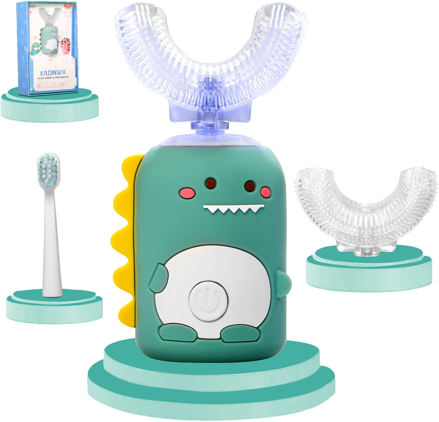 KAQINWX kids U shaped electric toothbrush front view showing green dinosaur design handle and silicone brush head.
