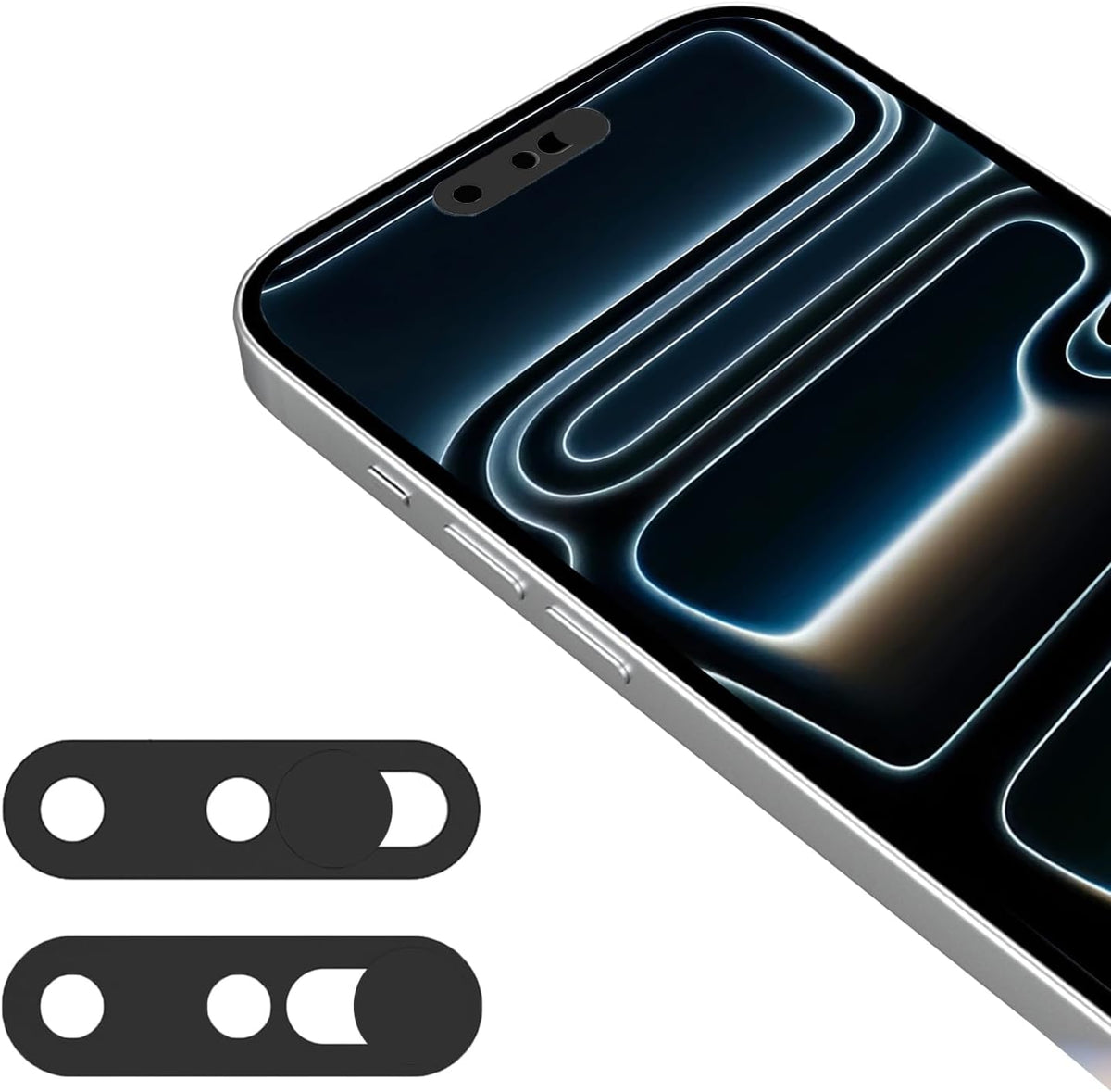 EYSOFT Front Camera Cover for iPhone 17 showing the black sliding privacy shield installed on the front screen bezel.