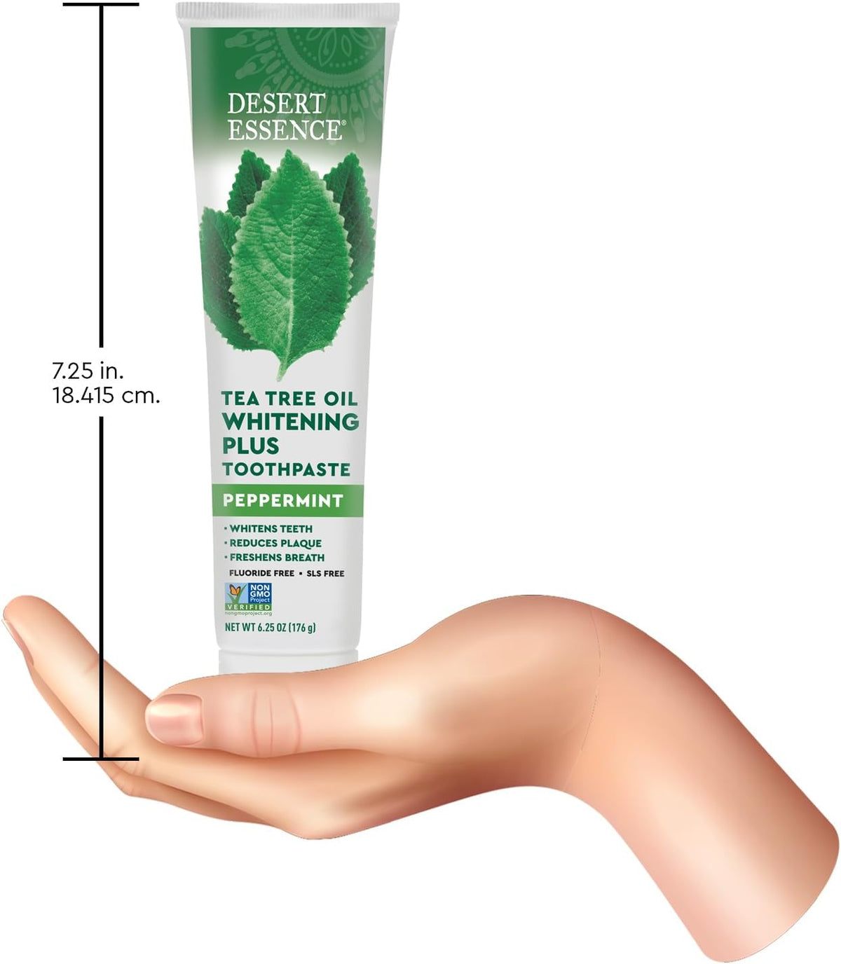 Desert Essence 6.25 ounces tea tree oil toothpaste box and tube layout