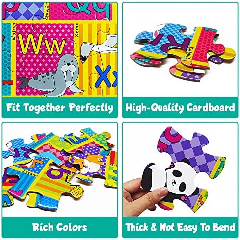Close up view of thick jumbo cardboard pieces showing vibrant uppercase letters and cute animal graphics