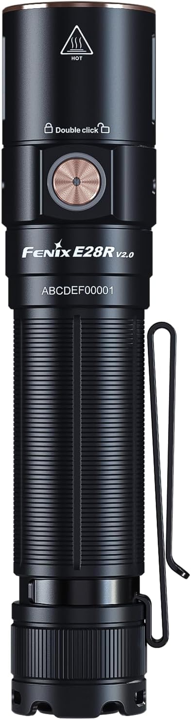 Fenix E28R V2.0 flashlight side profile with electronic switch