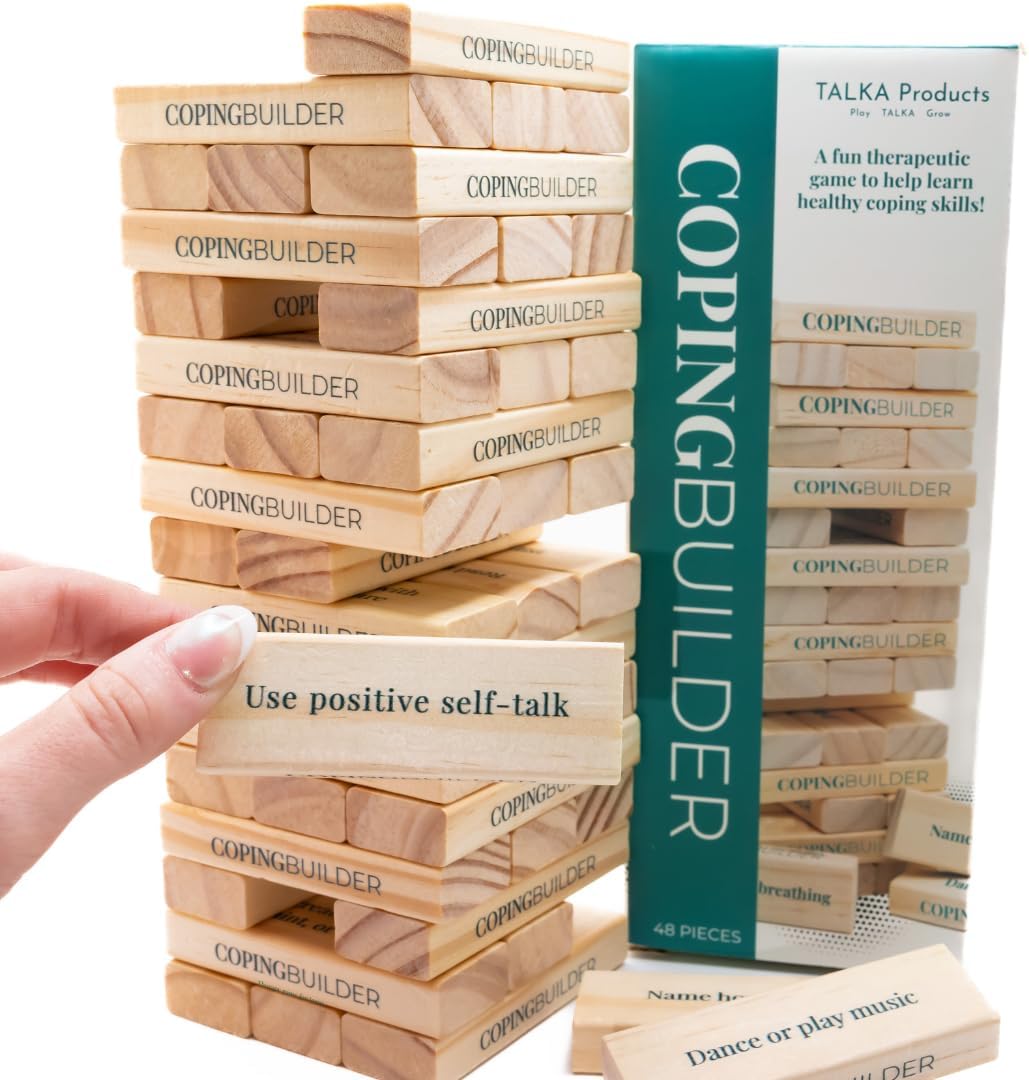 TALKA Products Coping Builder box and stacked wooden blocks front view for kids counseling