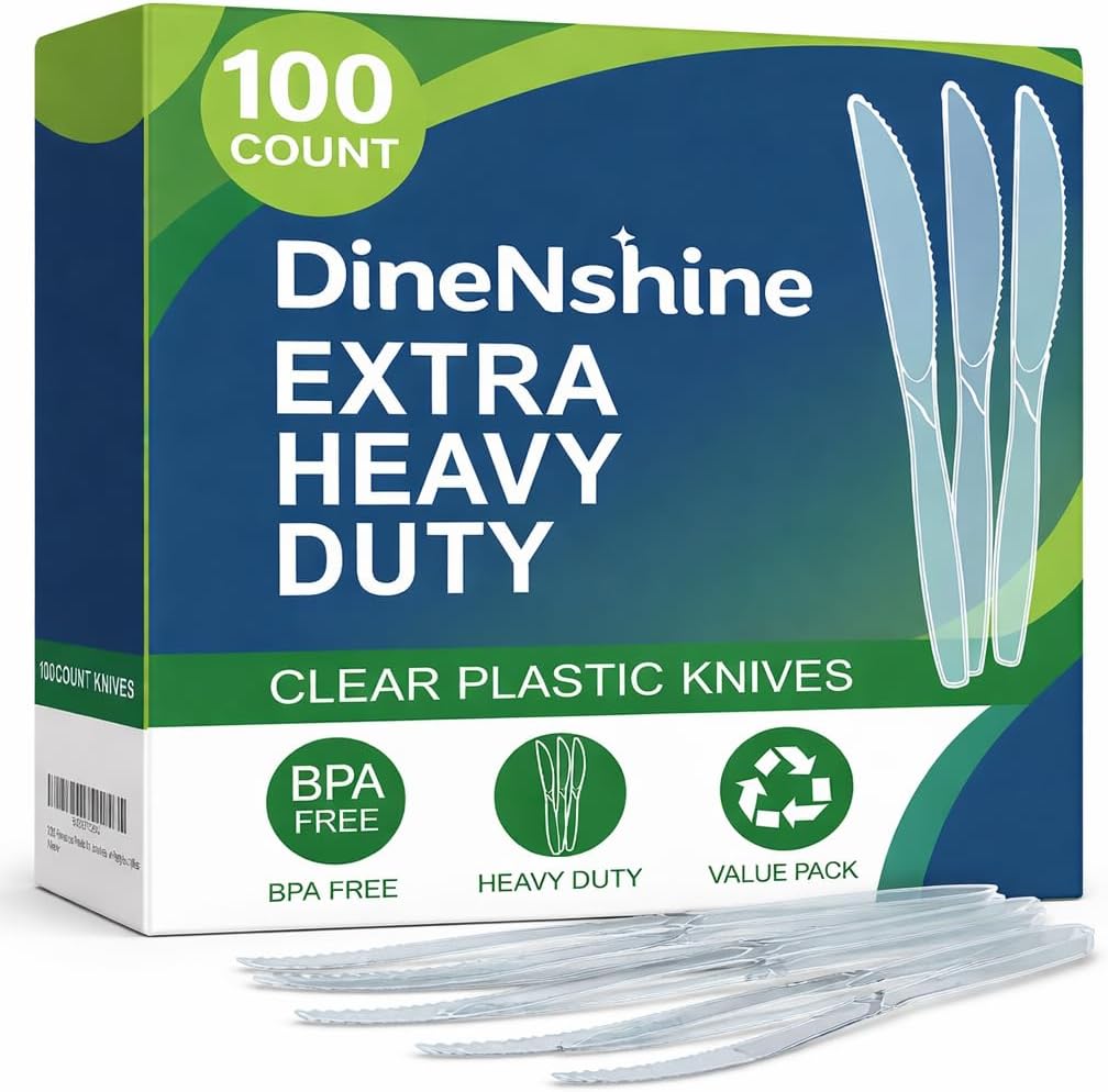 DineNshine premium heavy duty clear plastic knives packed in bulk pack front view for catering supplies