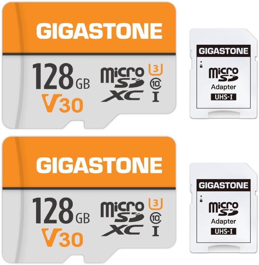Gigastone 128GB Micro SD Card Two Pack front view showing speed ratings