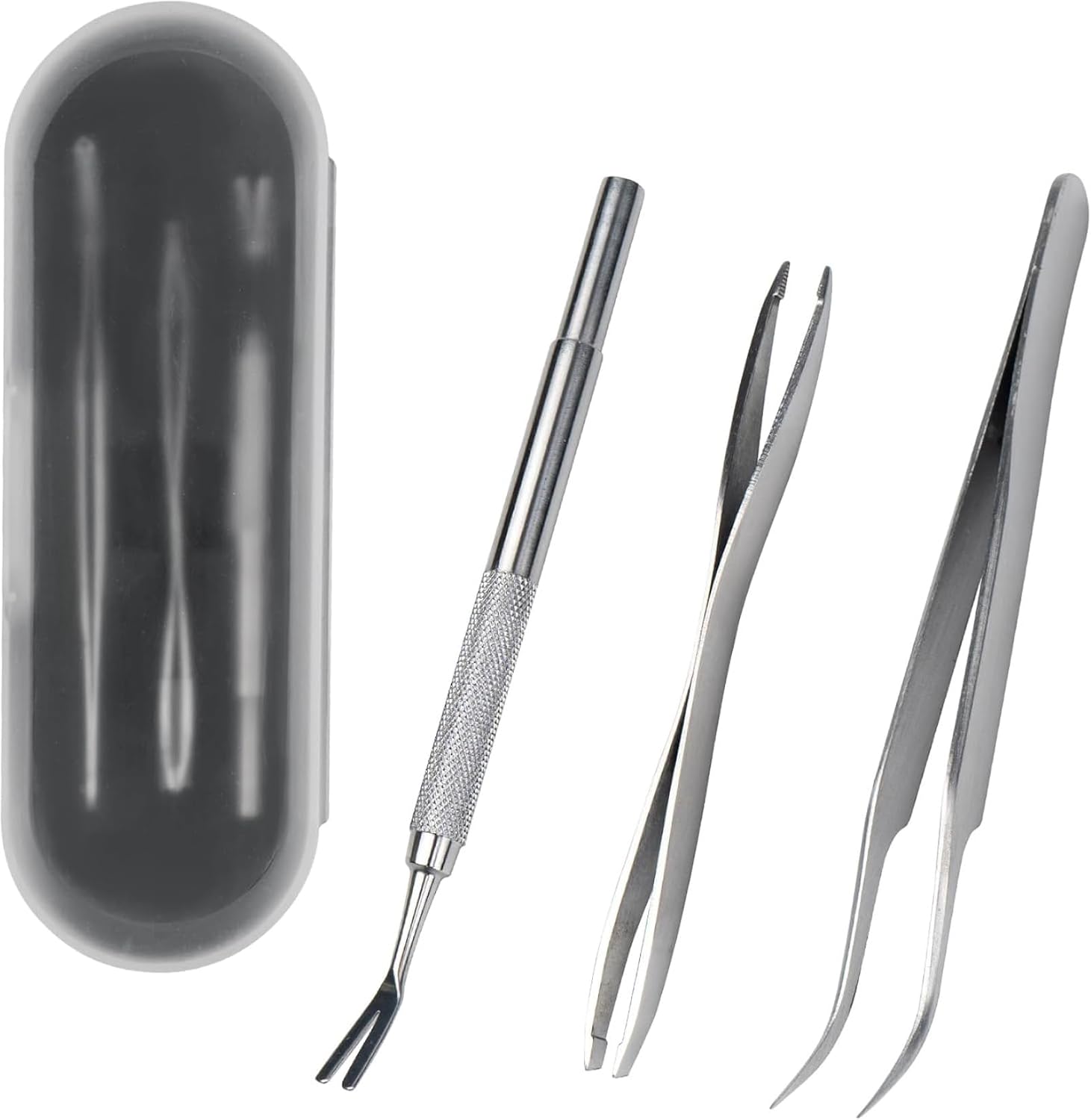 Swyzy stainless steel tick remover kit with tweezers and V-shaped tool in storage case