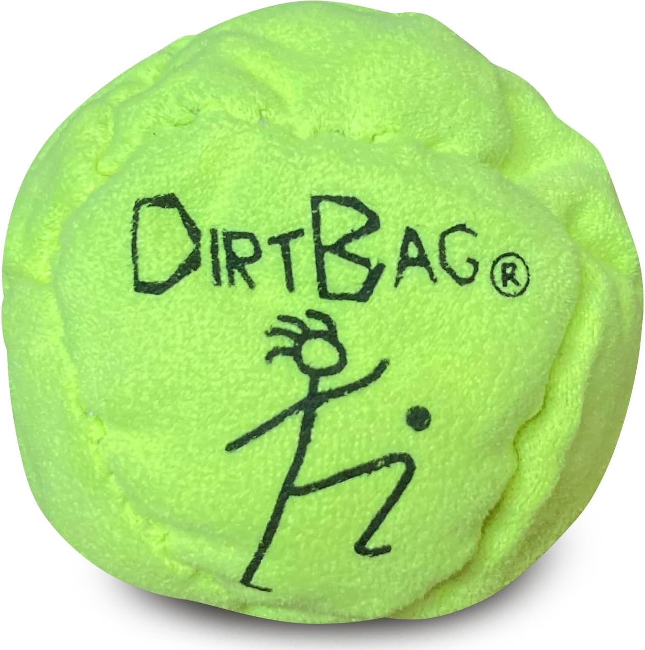 World Footbag Dirtbag Eight Panel Neon Yellow Footbag front view displaying authentic synthetic suede texture.