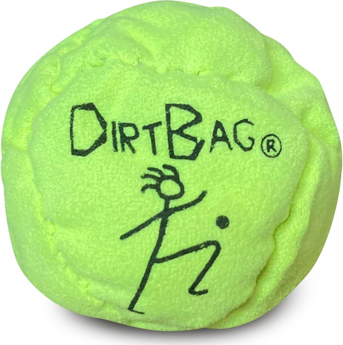 World Footbag Dirtbag Eight Panel Neon Yellow Footbag front view displaying authentic synthetic suede texture.