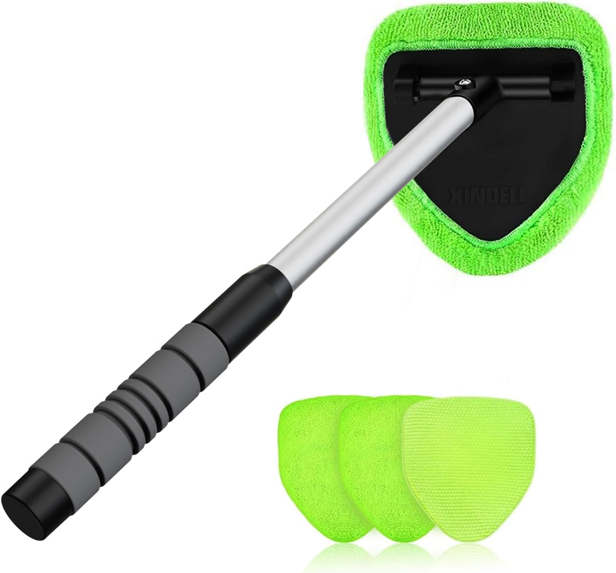 X XINDELL Windshield Cleaner Tool front view showing the green triangular head and extendable handle for interior car cleaning.