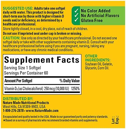 USA imported Nature Made Vitamin D3 10000 IU sixty count package highlighting premium quality ingredients.