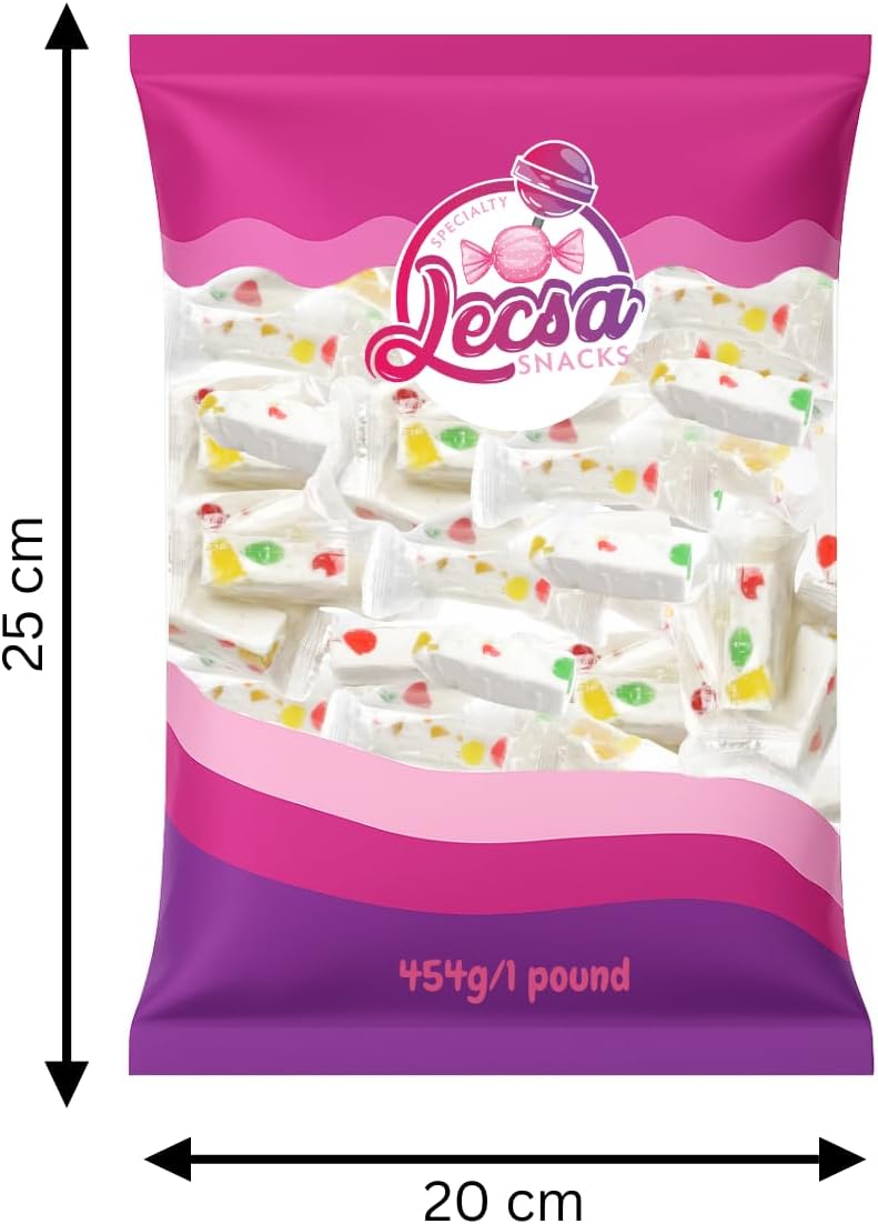 Soft white milk nougat candy showing strawberry orange lemon jelly pieces