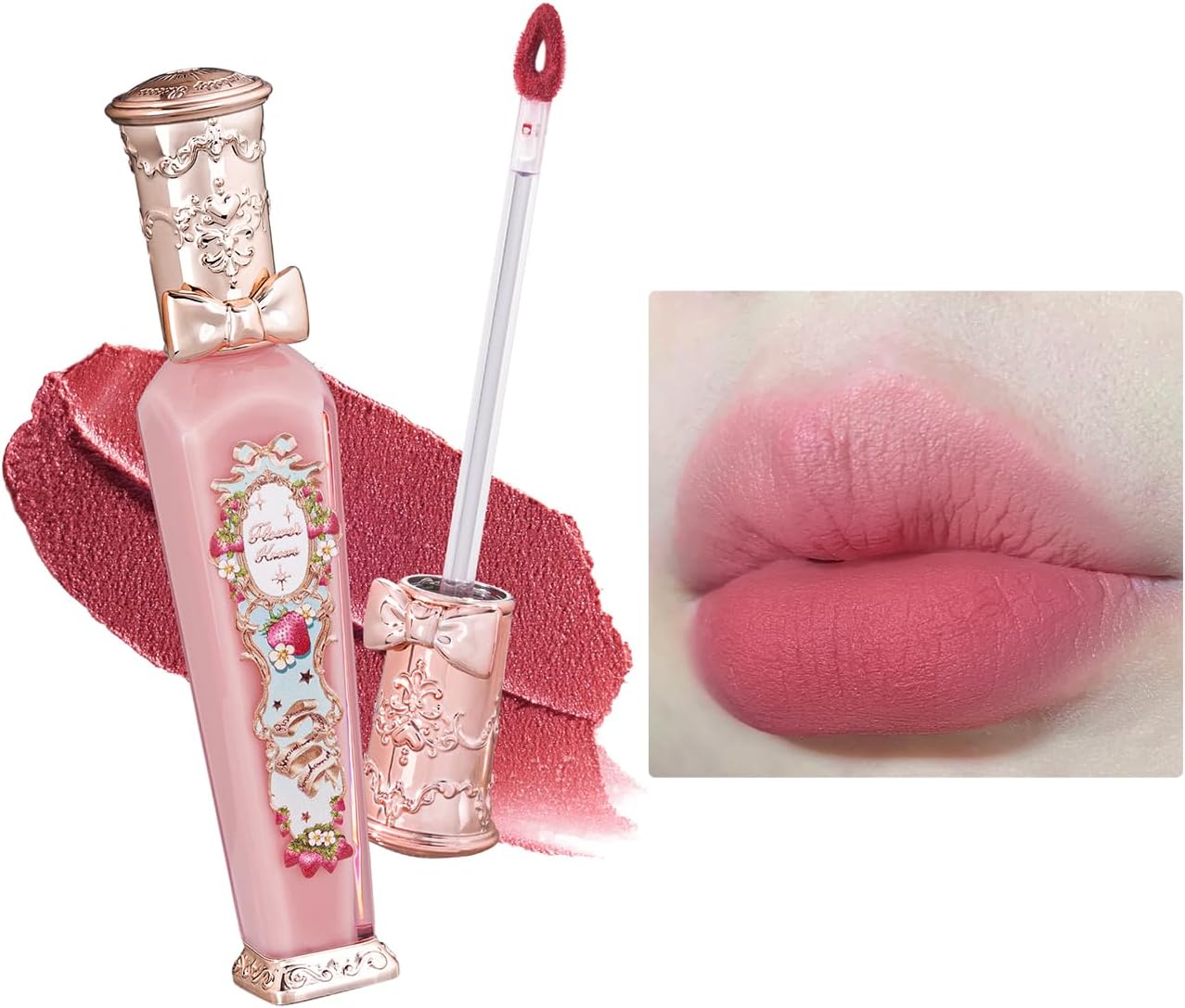 Flower Knows Strawberry Rococo Cloud Lip Cream front view of embossed pink bottle with gold bow