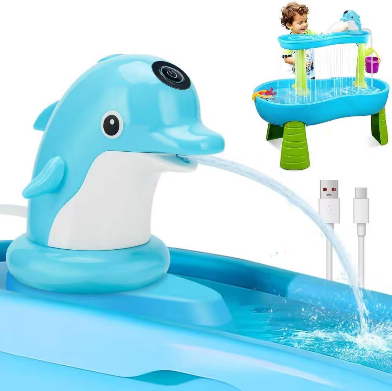Ainibar Dolphin Water Table Pump Toy front view showing blue dolphin design spraying water