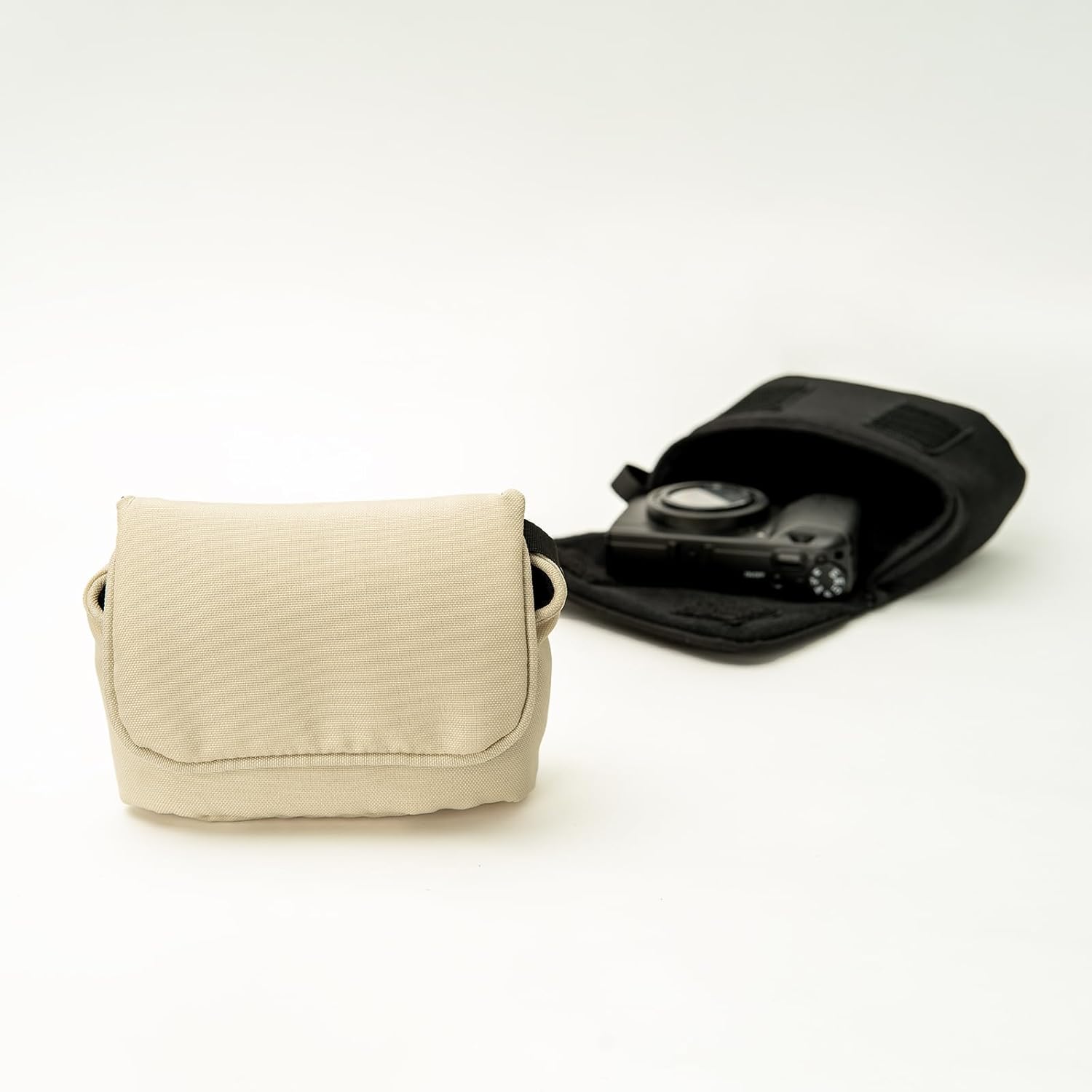 Muzokyu ultra light camera pouch front view showing beige white canvas material