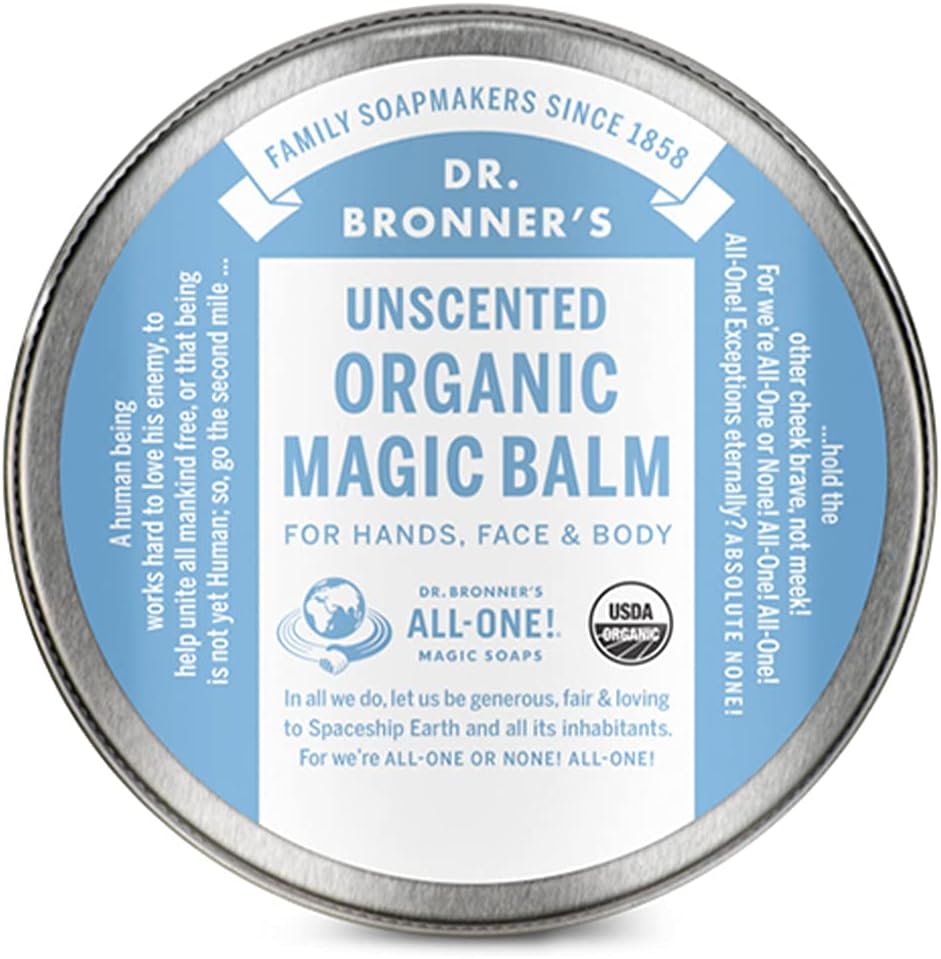 Dr. Bronner's Organic Magic Balm Baby Unscented silver tin front view organic moisturizer for dry skin