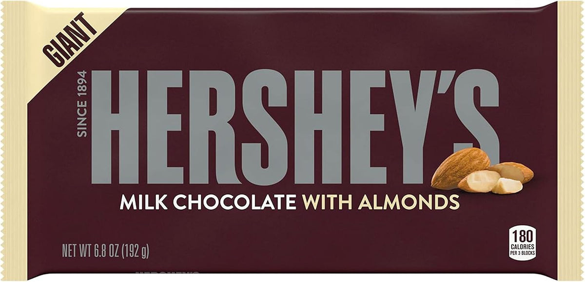 Genuine HERSHEY'S Milk Chocolate with Whole Almonds 6 Count box side angle view.