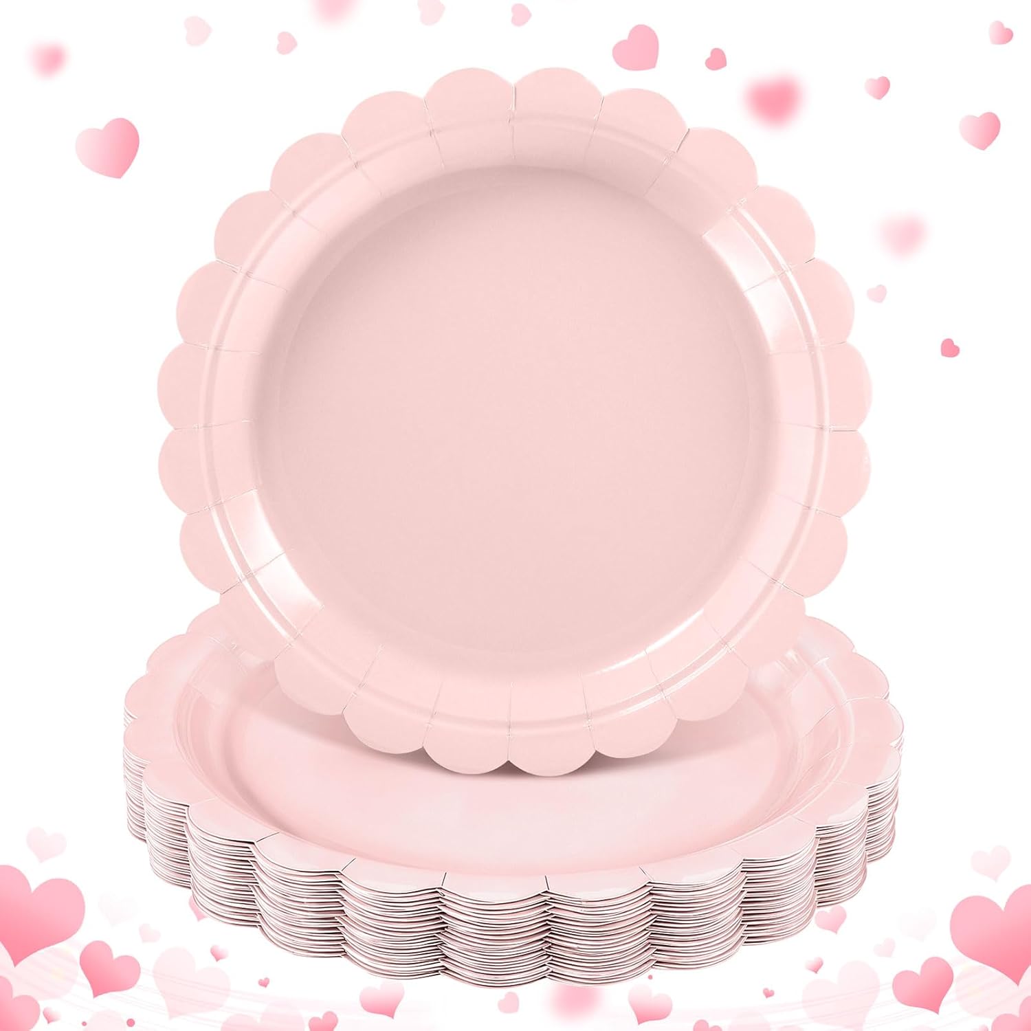 NatNarr 30 Pieces Pink Paper Plates 9 Inch front view displaying the light pink color and elegant scalloped edges.