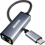 Benfei USB-C to Ethernet adapter front view showing premium aluminum casing and braided nylon cable connectivity