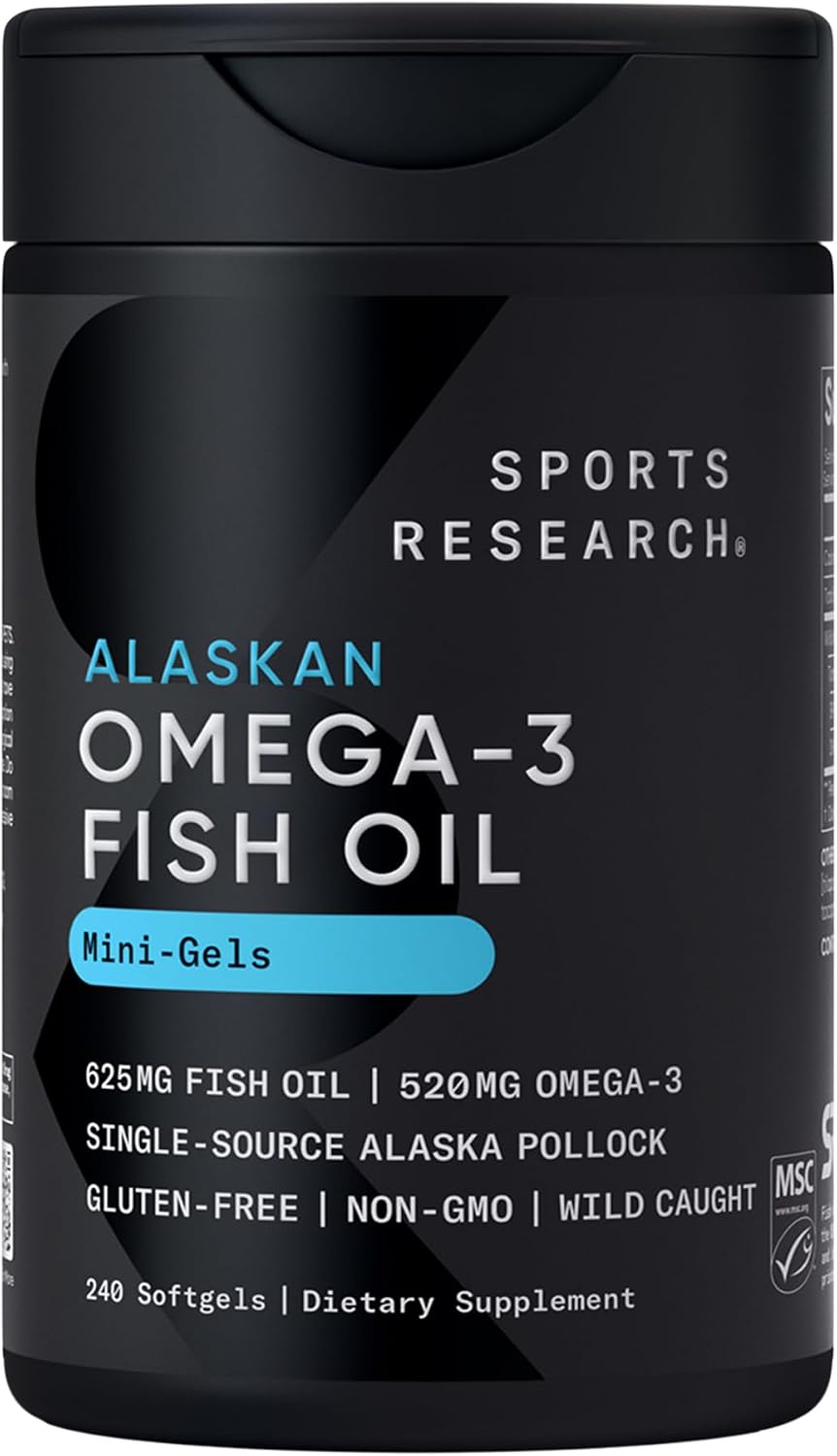 Sports Research Omega 3 fish oil mini gels bottle displaying supplement facts and nutritional information