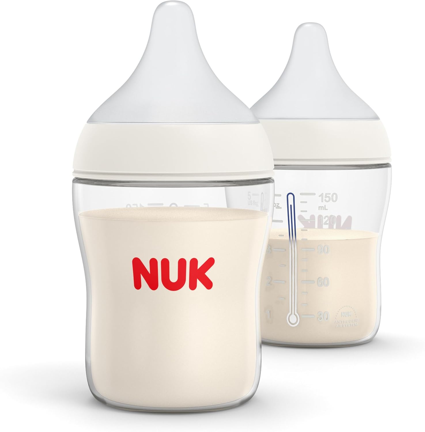 NUK Perfect Match anti colic baby bottle front view showing slow flow nipple