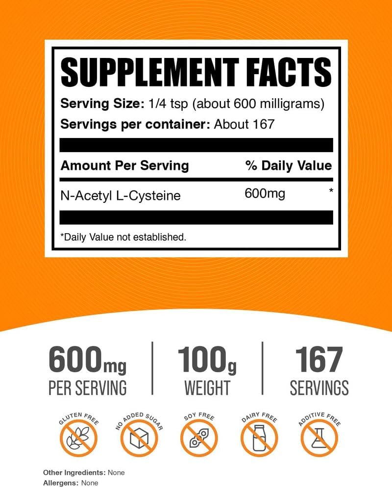 Pure unflavored N-Acetyl Cysteine powder measuring spoon 600 milligrams serving
