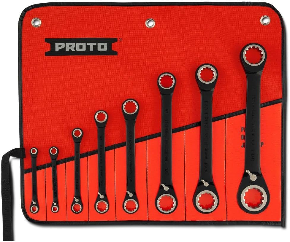 Stanley Proto 8 Piece Black Chrome Reversible Ratchet Wrench Set front view tool kit