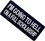 EmbTao applique patch displayed on denim fabric