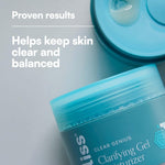 Bliss Clear Genius Clarifying Gel Moisturizer lifestyle image showing the compact skincare bottle on a vanity.