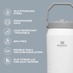 Side view of forty ounce Stanley lilac water jug showing ergonomic carrying design