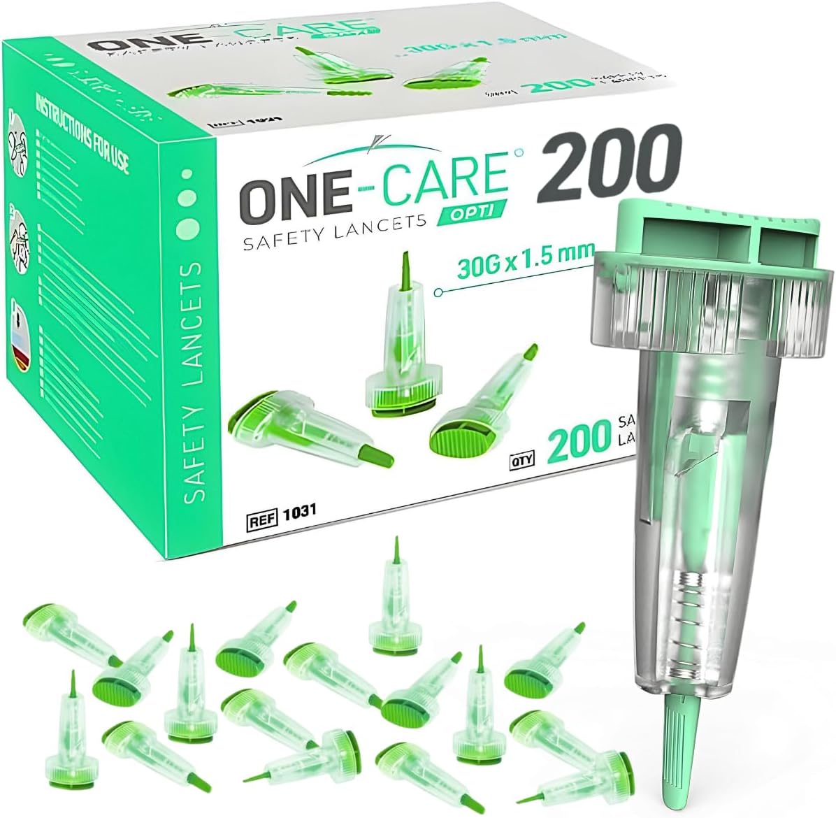 200 Count: ONE-CARE Opti Safety Lancets, Top Button Activated, 30G x 1.5mm, Auto-Retractable, Sterile, Single Use, Ideal for Blood Testing, Ultra-Thin for Comfort - Image 1