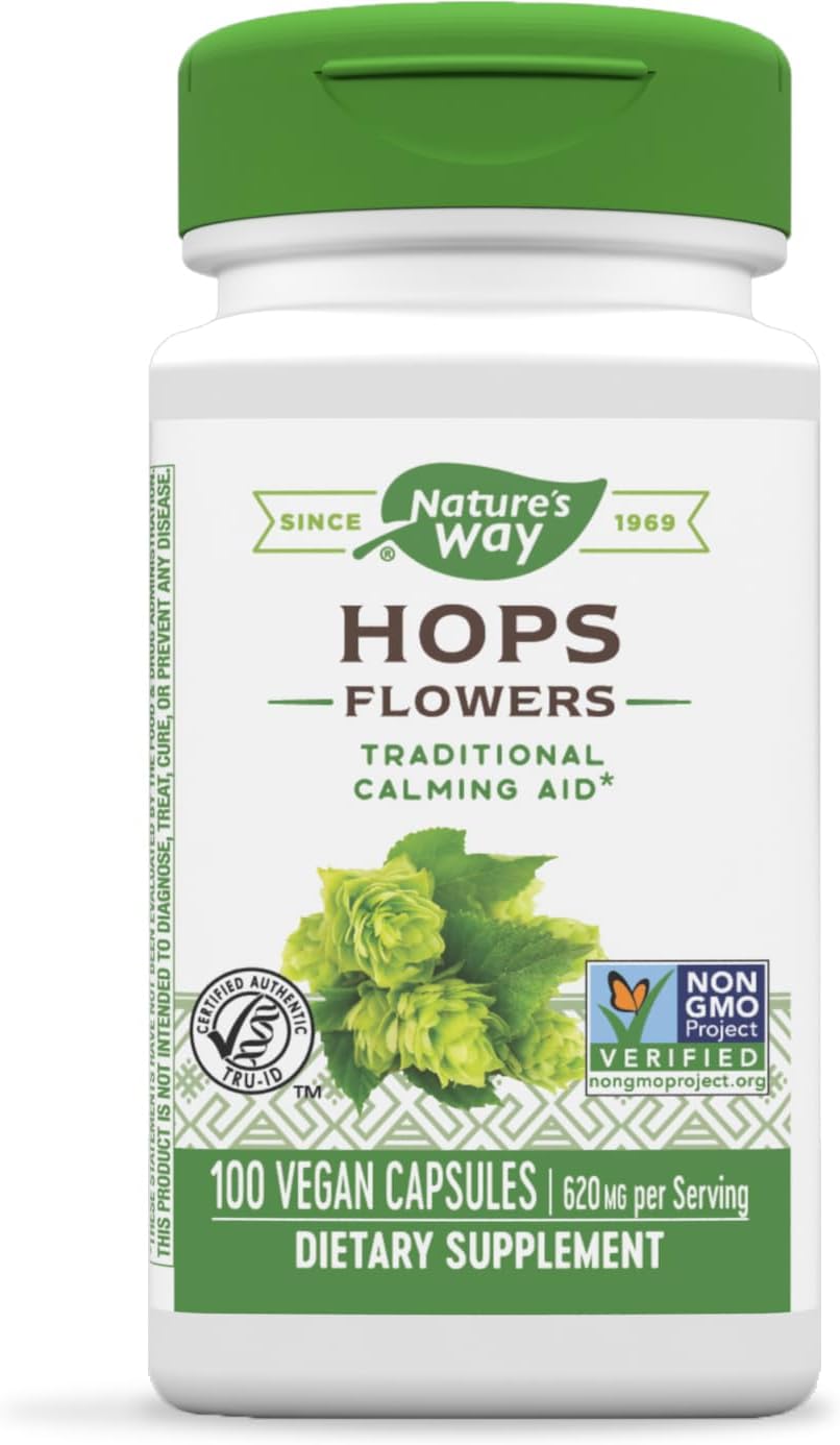 Nature's Way Hops Flowers 310 mg 100 capsules front bottle view showing premium herbal calming aid label.