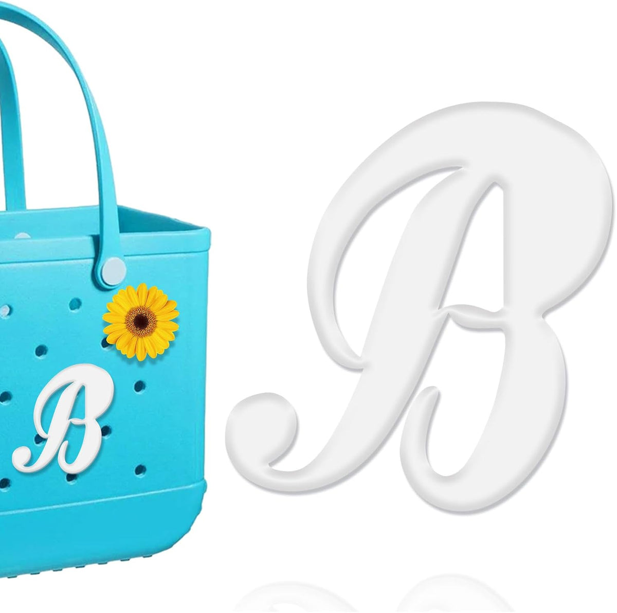 Lifestyle view of white letter charm on summer beach bag