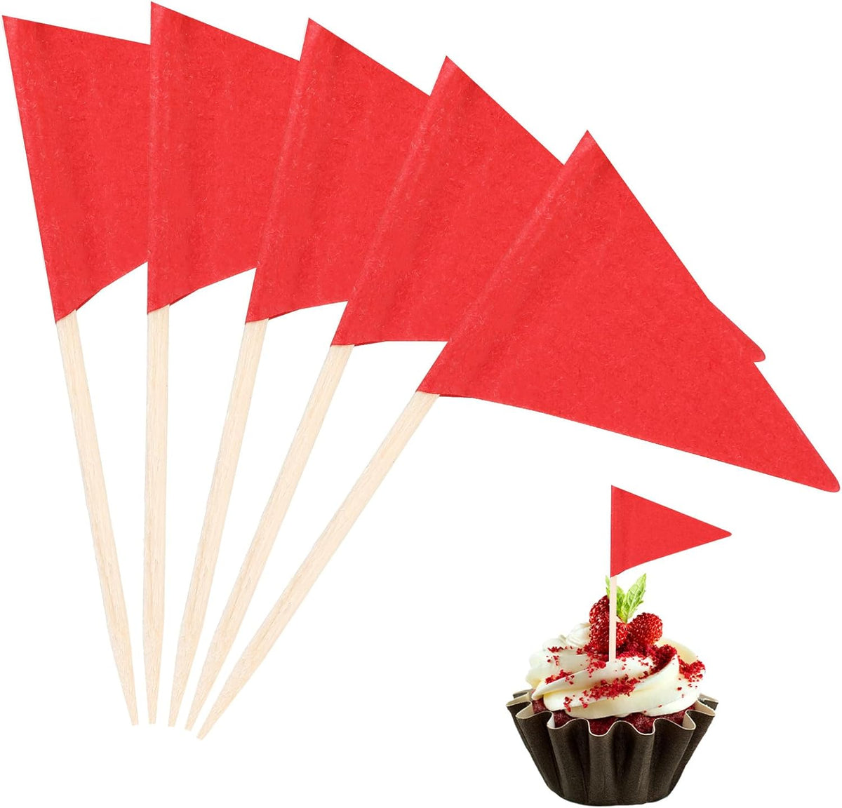 Mozeat Lens solid red toothpick flags 100 count pack front view showcasing the plain triangular paper design on wooden sticks.