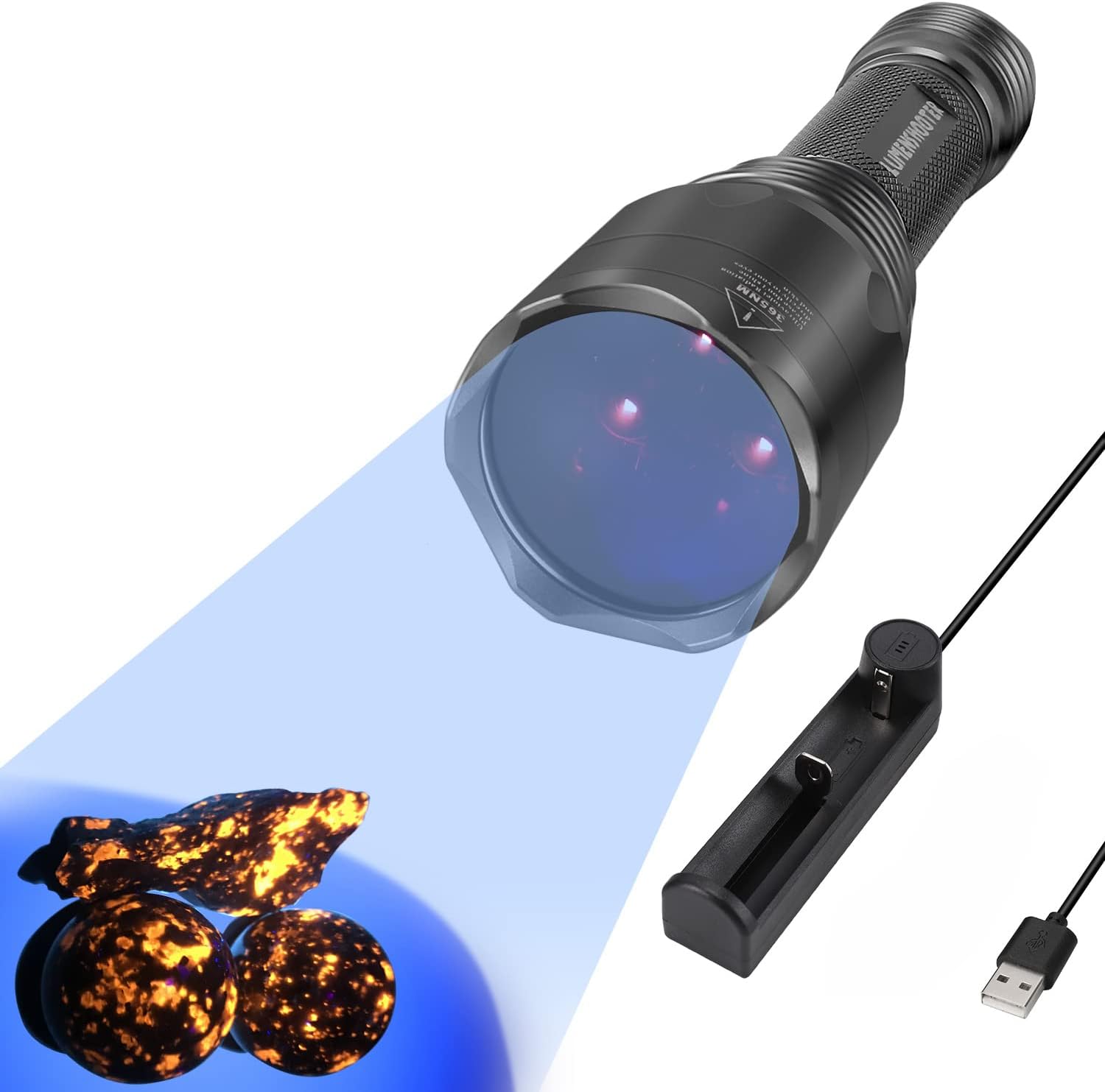 LUMENSHOOTER S3 365nm UV Flashlight front view highlighting the three high intensity LEDs.